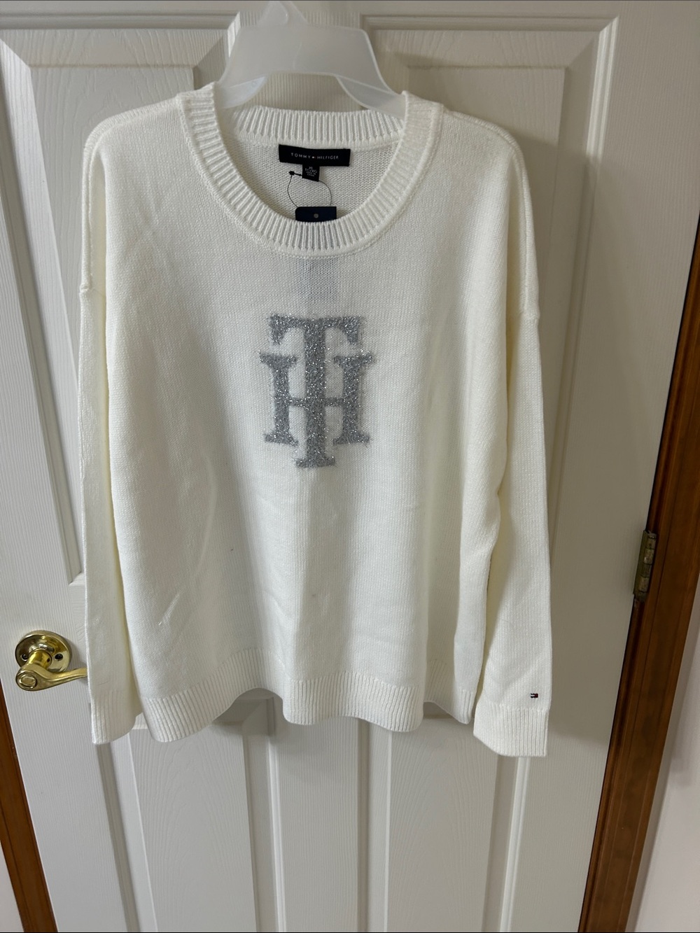 Tommy Hilfiger White Crewneck Sweater with Silver Logo